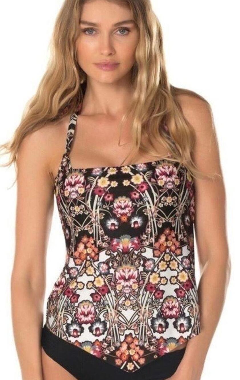Becca by Rebecca Virtue Tankini Top SZ Small Black Floral Handkerchief NWT Swim